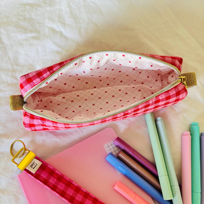 Pencil Case – Red & Pink Gingham Zipper Pouch