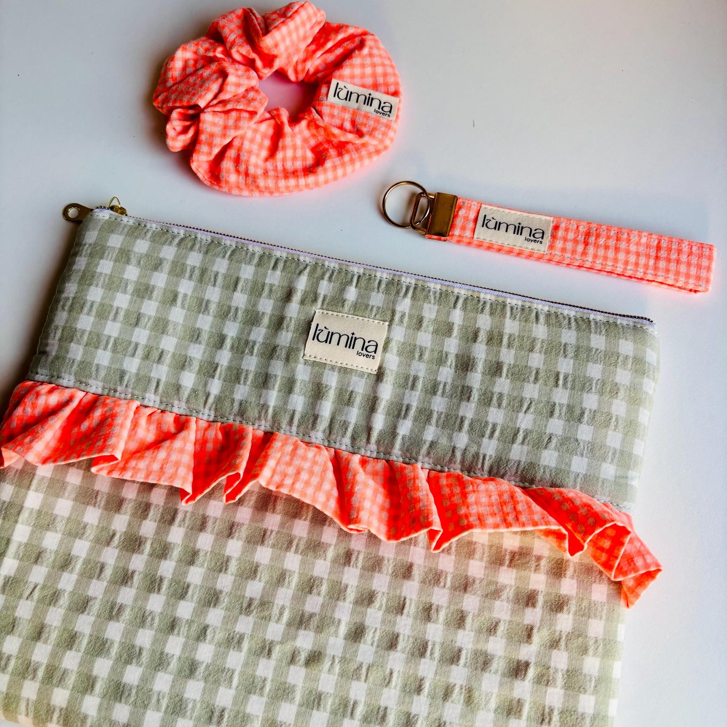 Laptop & Tablet Sleeve 11"–16” – Sage Green with Neon Orange Ruffle