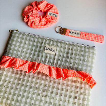 Laptop & Tablet Sleeve 11"–16” – Sage Green with Neon Orange Ruffle
