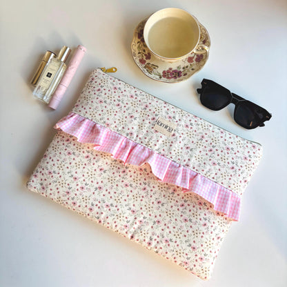 Laptop & Tablet Sleeve 11"–16” – Tiny Floral with Pink gingham Ruffle
