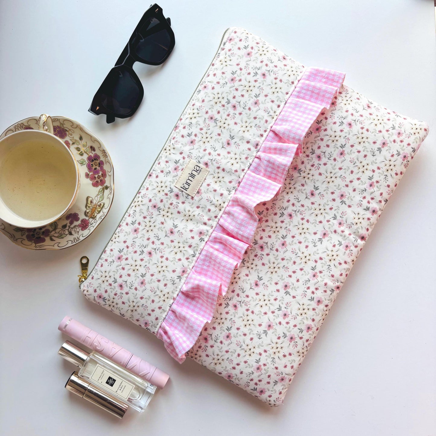 Laptop & Tablet Sleeve 11"–16” – Tiny Floral with Pink gingham Ruffle