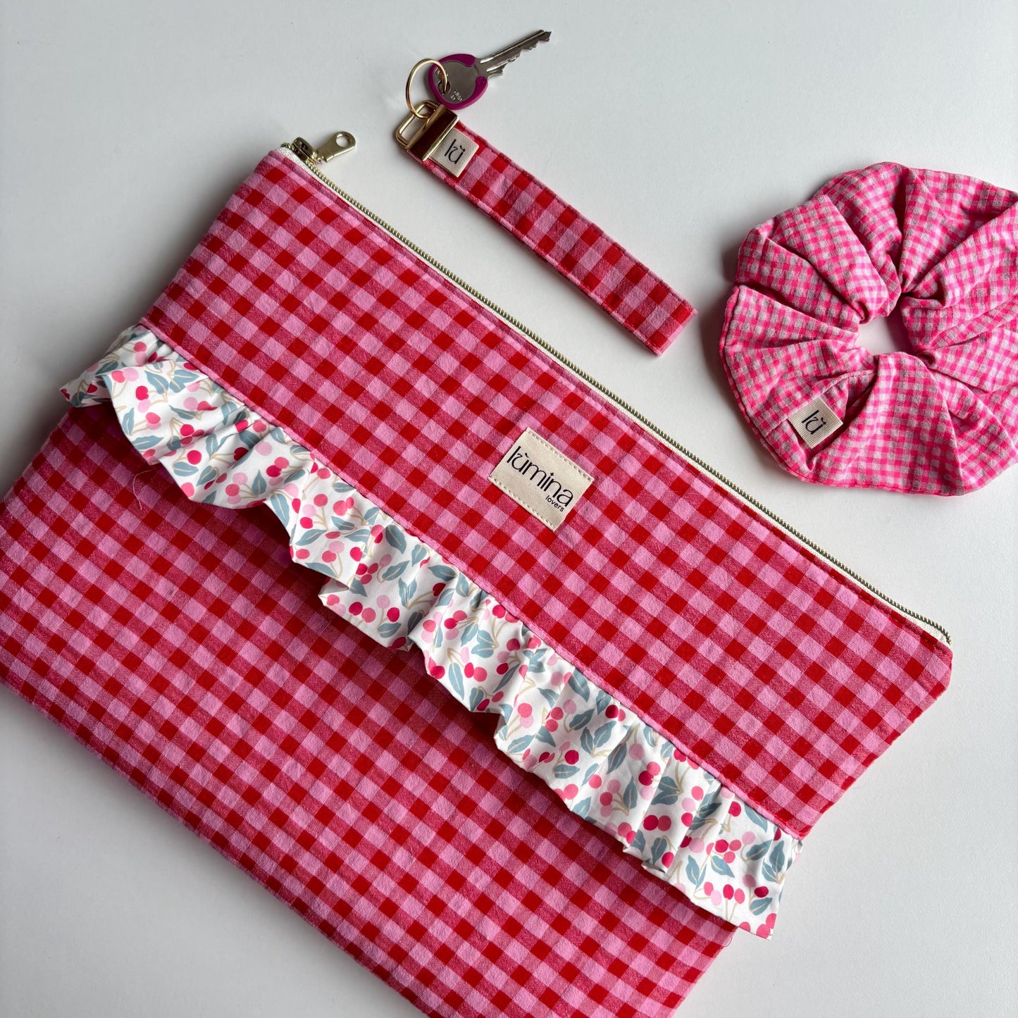 Laptop & Tablet Sleeve 11"–16” – Red and Pink Gingham with Cherry Ruffle