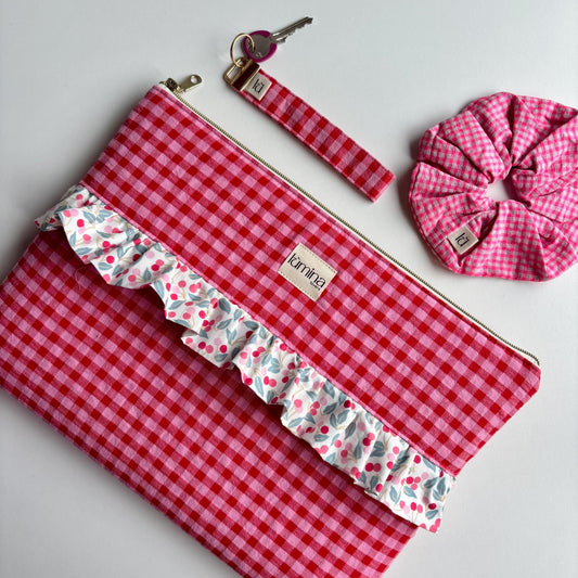 Laptop & Tablet Sleeve 11"–16” – Red and Pink Gingham with Cherry Ruffle