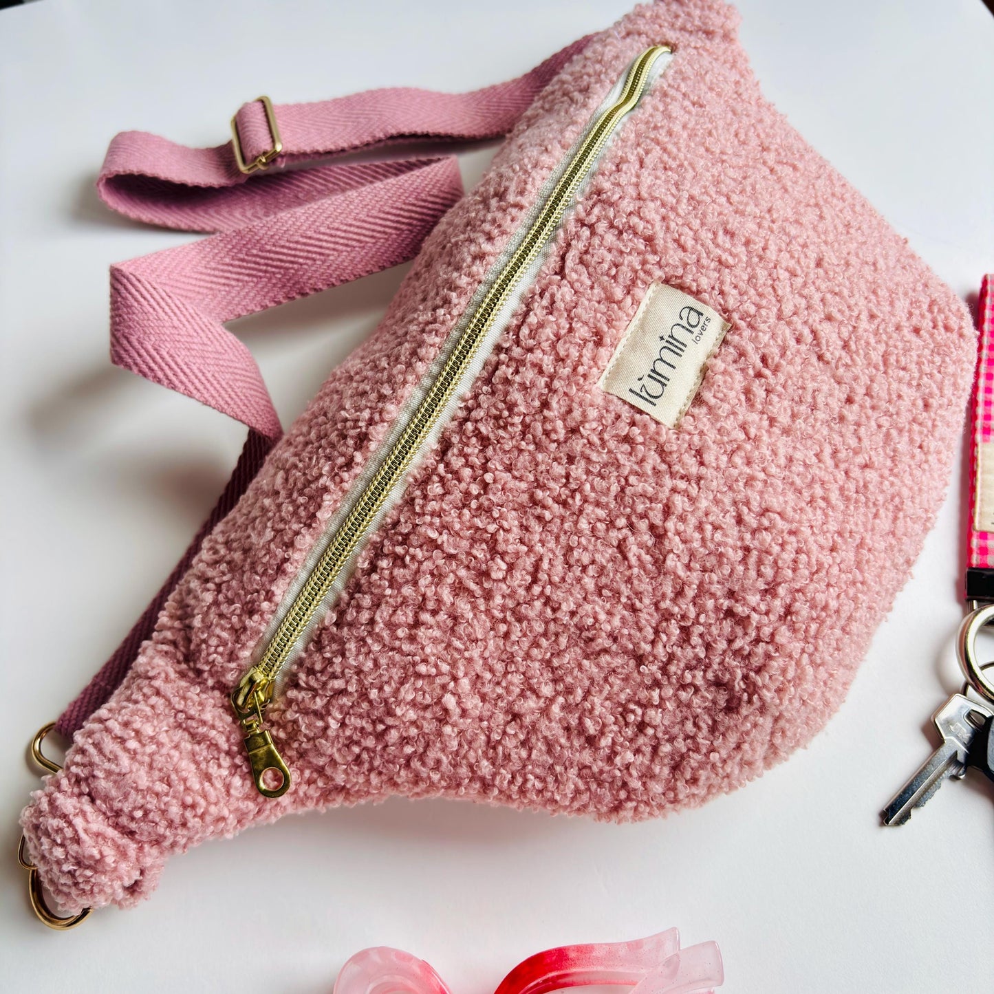 Handmade Fanny Pack –  Pink Fleece Crossbody Bag