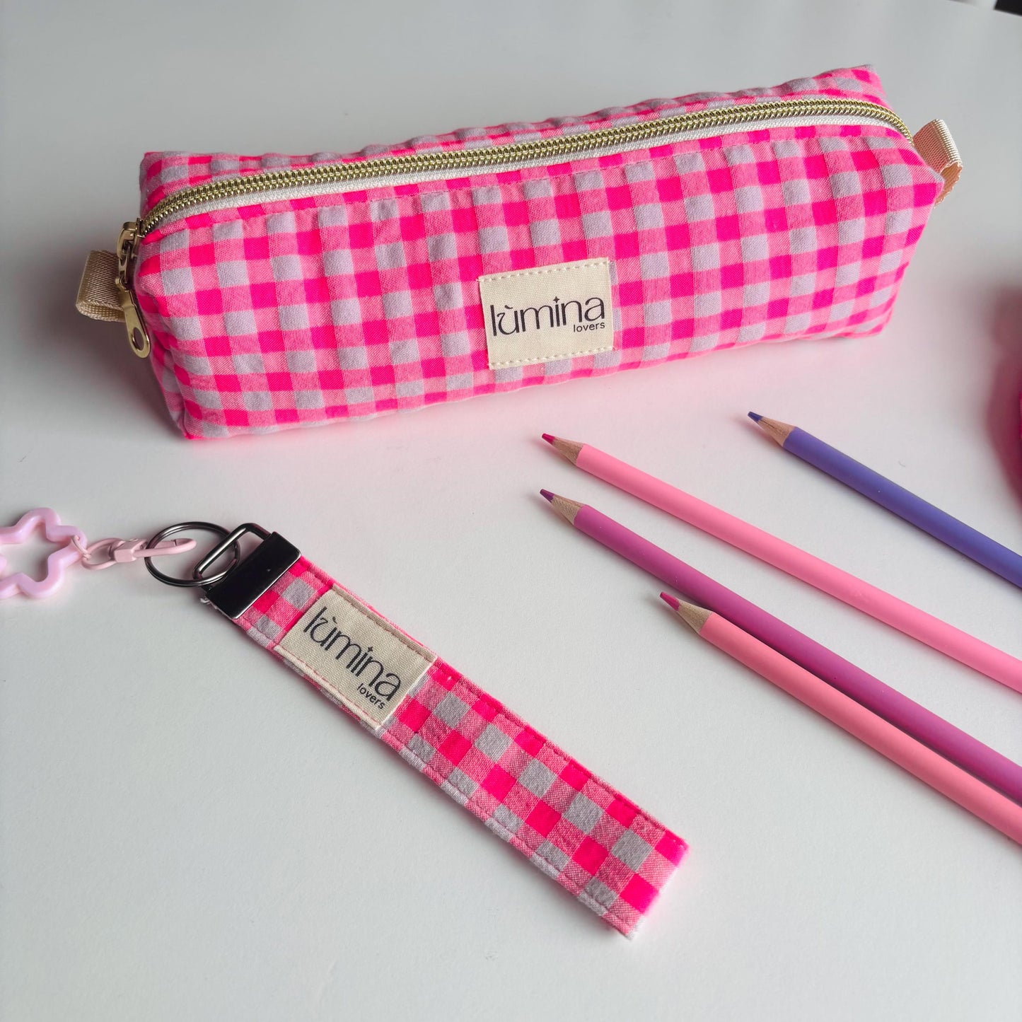 Pencil Case – Neon pink Gingham Makeup Bag & Zipper Pouch