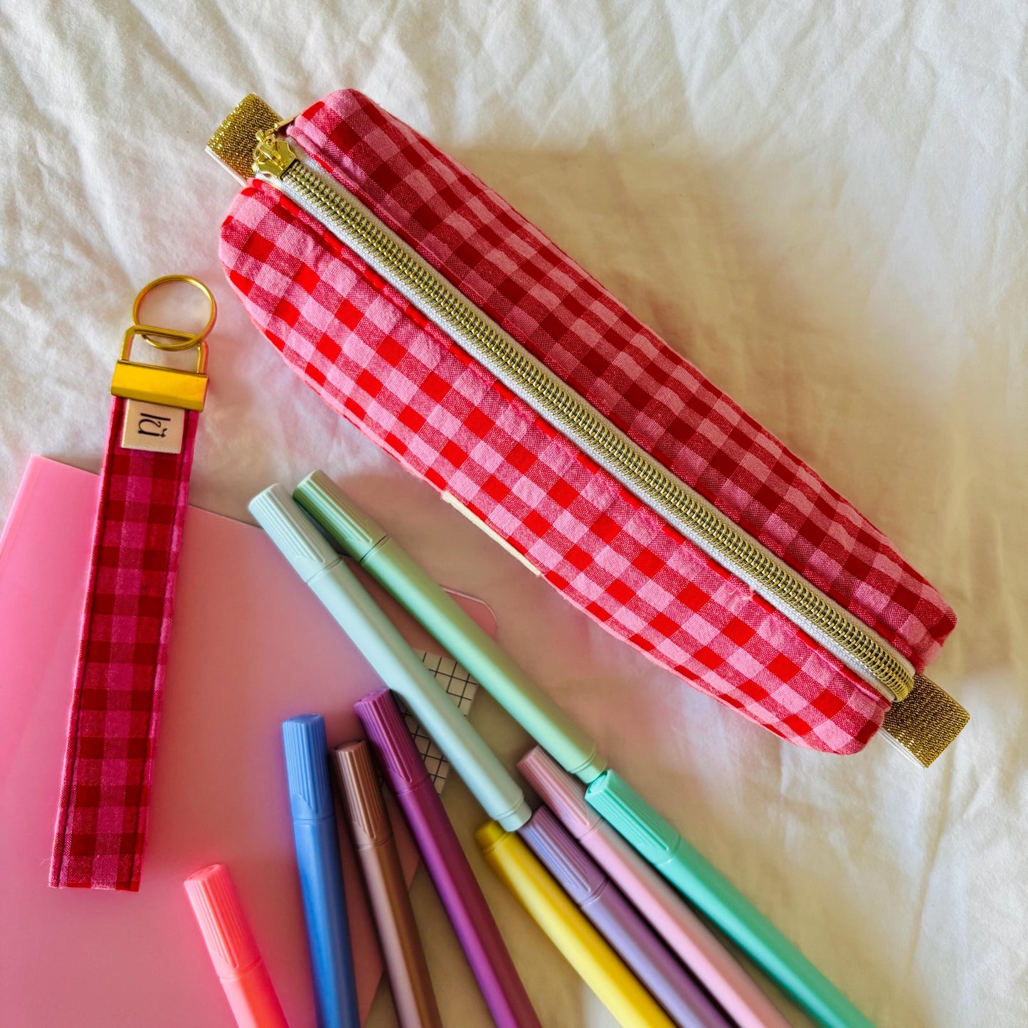 Pencil Case – Red & Pink Gingham Zipper Pouch