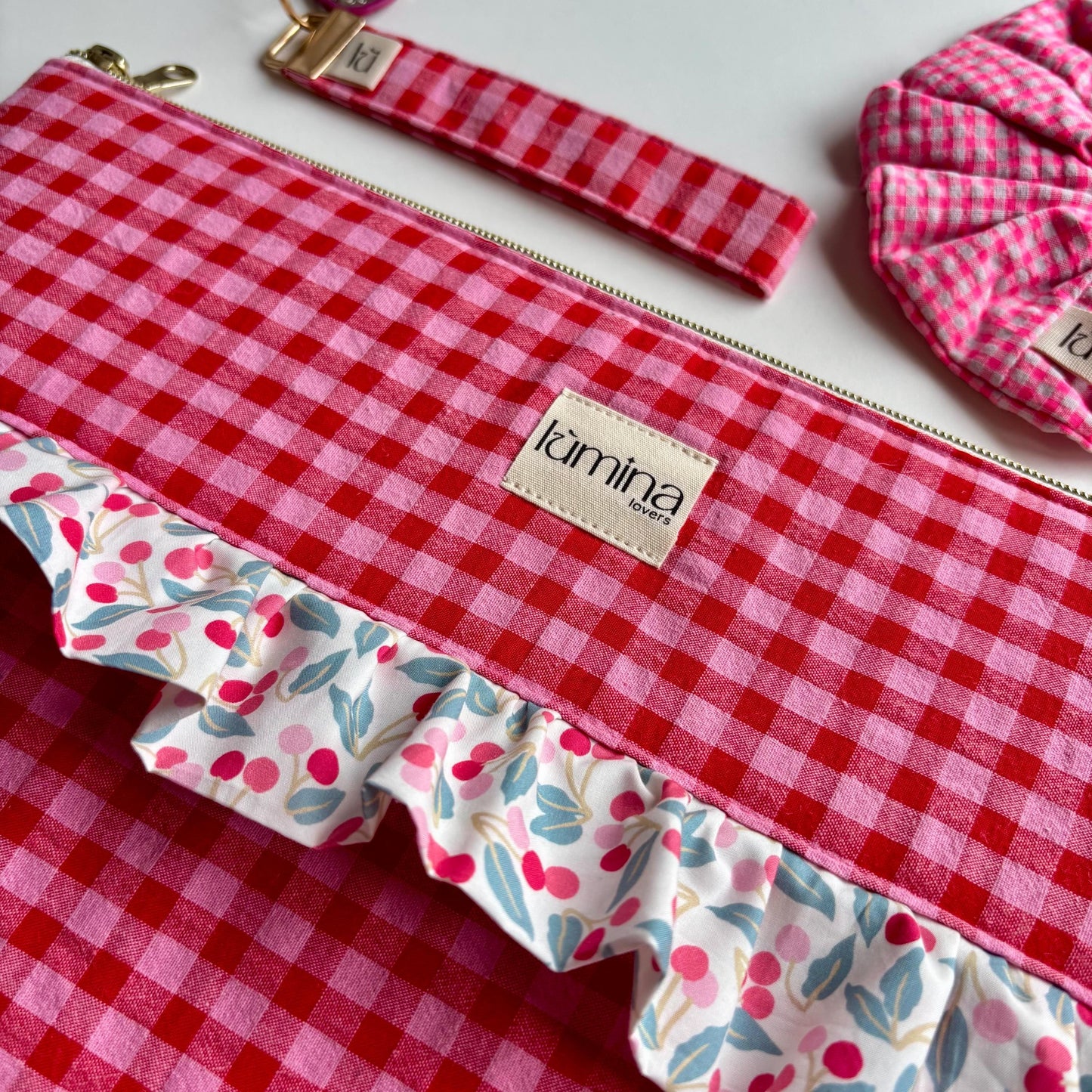 Laptop & Tablet Sleeve 11"–16” – Red and Pink Gingham with Cherry Ruffle