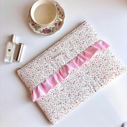 Laptop & Tablet Sleeve 11"–16” – Tiny Floral with Pink gingham Ruffle
