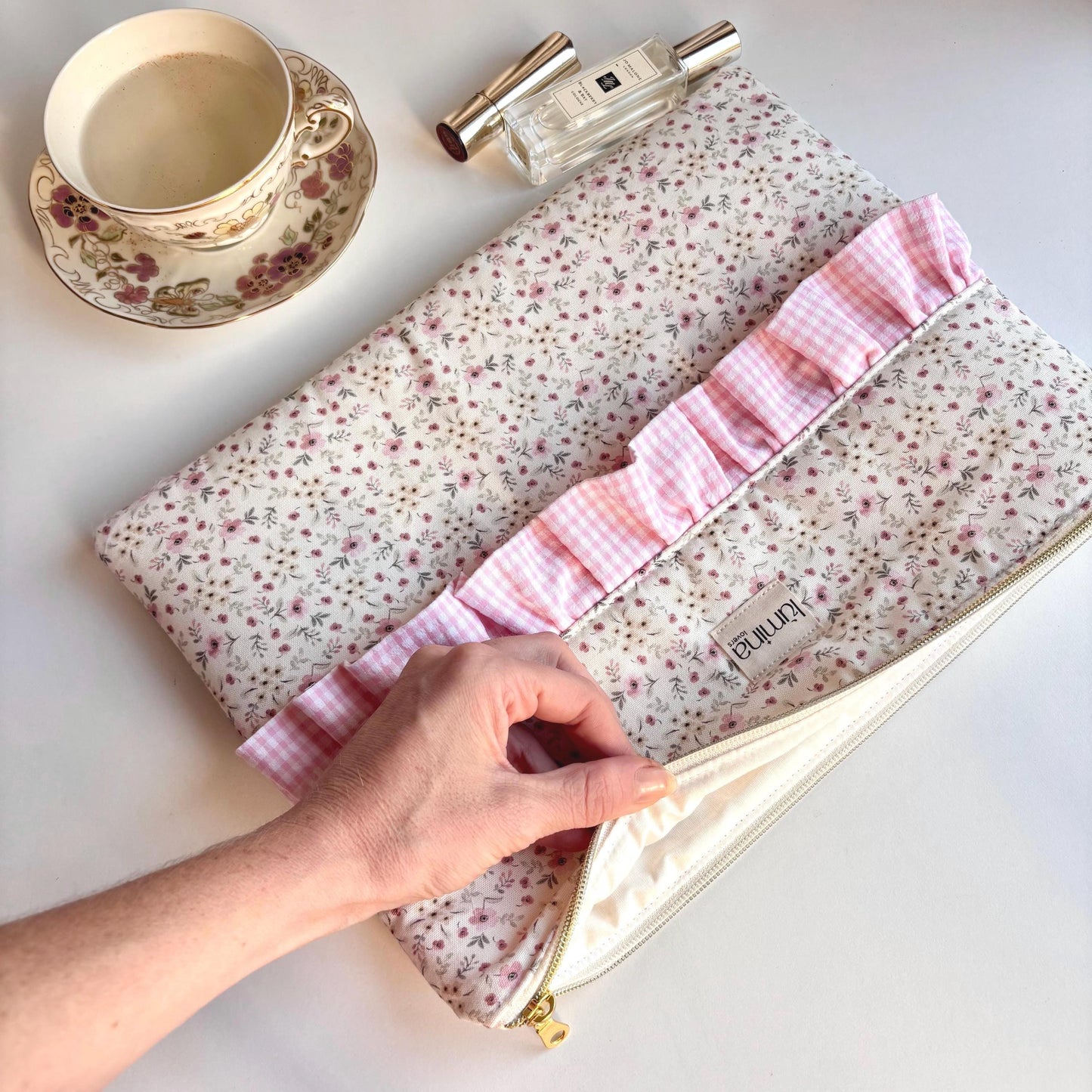 Laptop & Tablet Sleeve 11"–16” – Tiny Floral with Pink gingham Ruffle