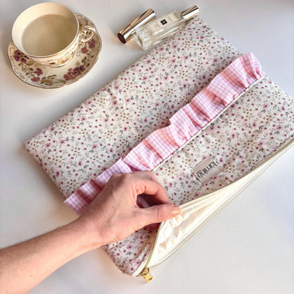 Laptop & Tablet Sleeve 11"–16” – Tiny Floral with Pink gingham Ruffle
