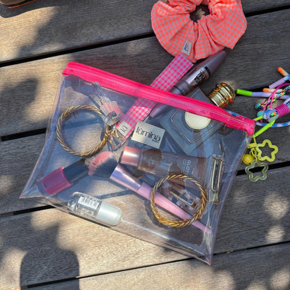 Clear PVC travel pouch | Flat Transparent Makeup Bag with Neon Pink Zipper
