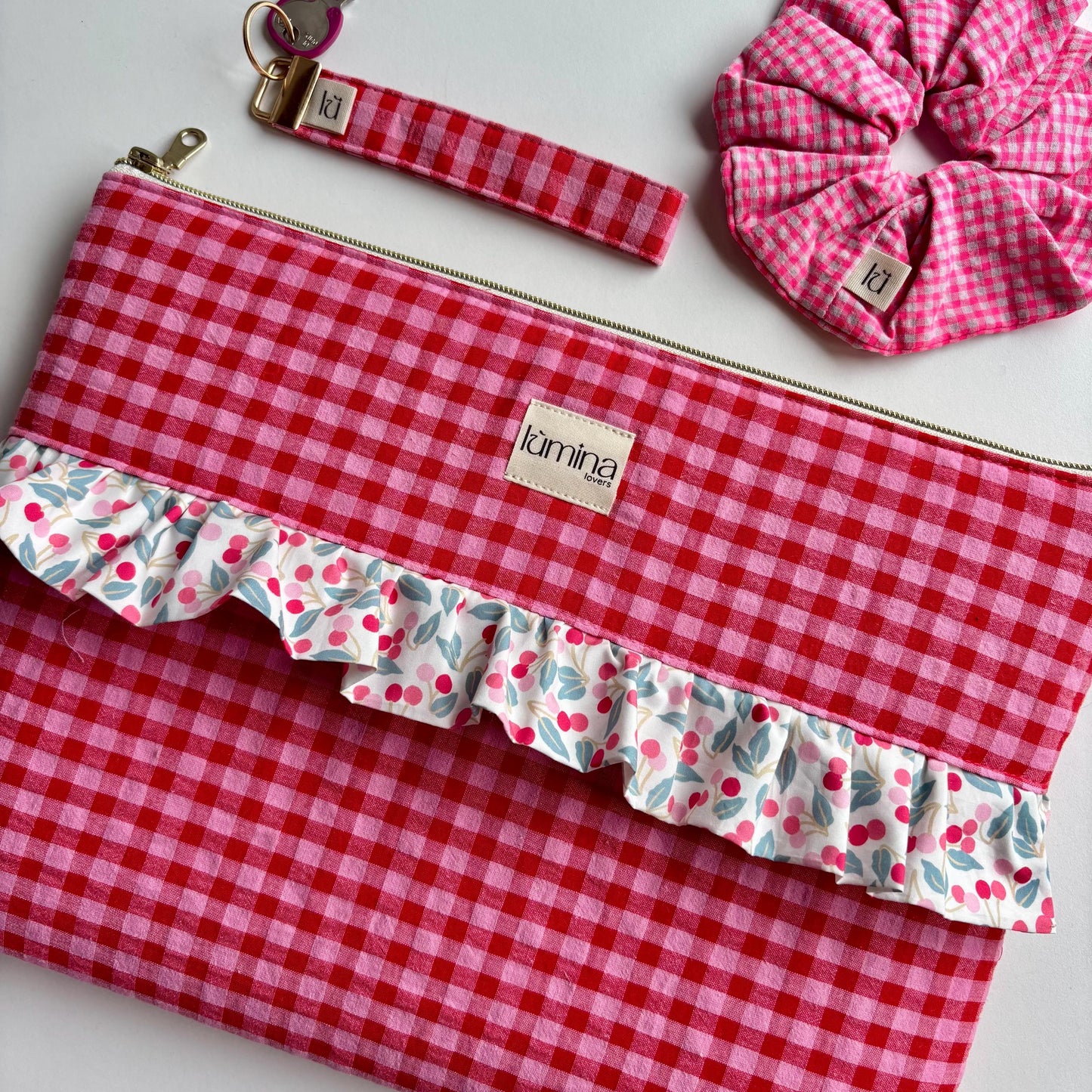 Laptop & Tablet Sleeve 11"–16” – Red and Pink Gingham with Cherry Ruffle