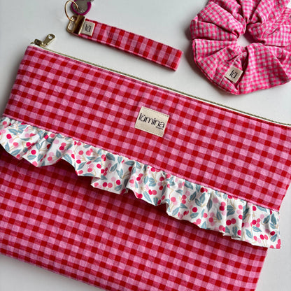 Laptop & Tablet Sleeve 11"–16” – Red and Pink Gingham with Cherry Ruffle