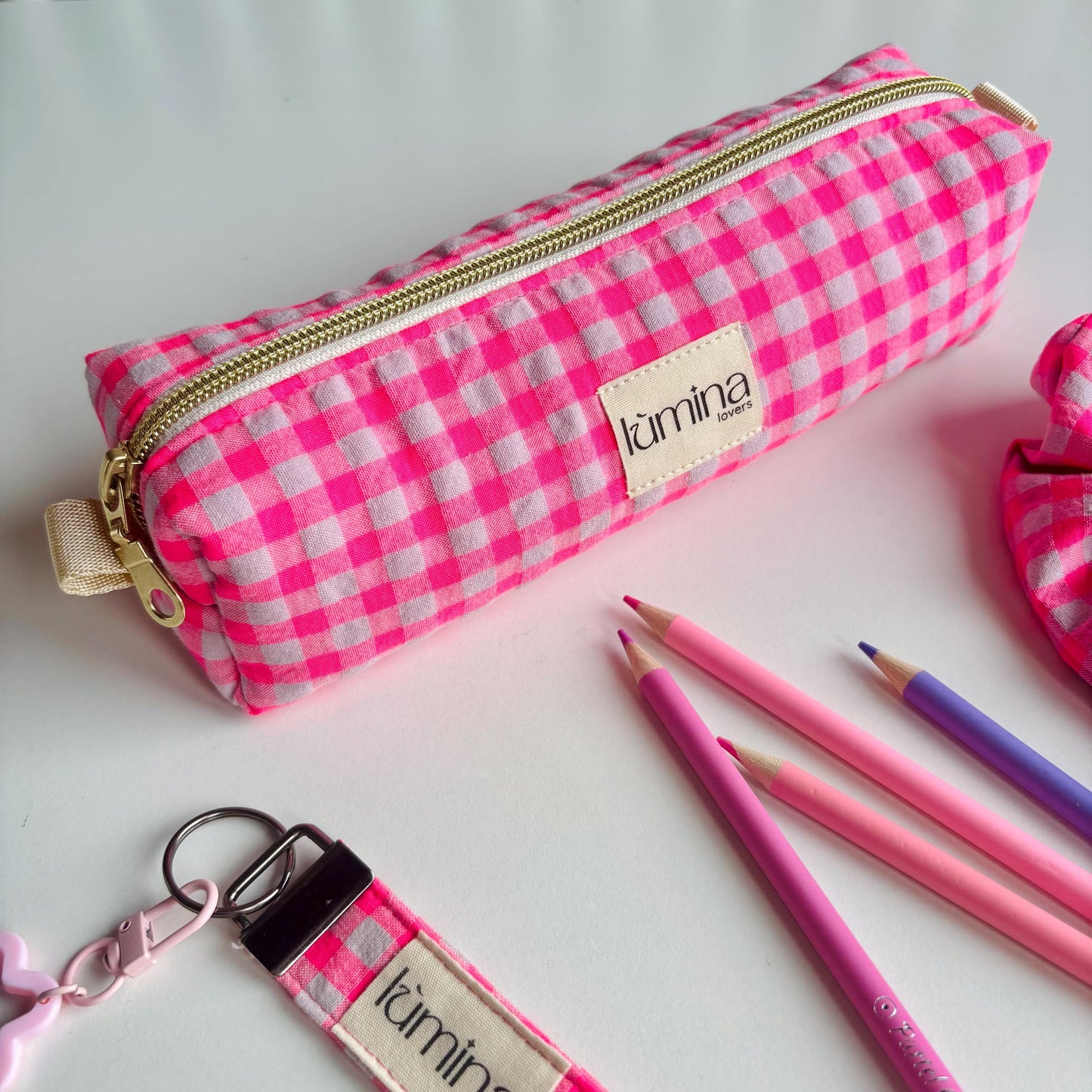 Pencil Case – Neon pink Gingham Makeup Bag & Zipper Pouch