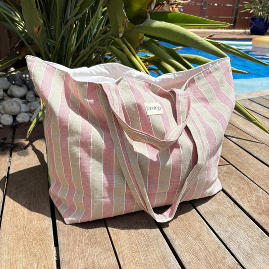 Tote Bag – Pink & Beige Striped Linen Beach Bag