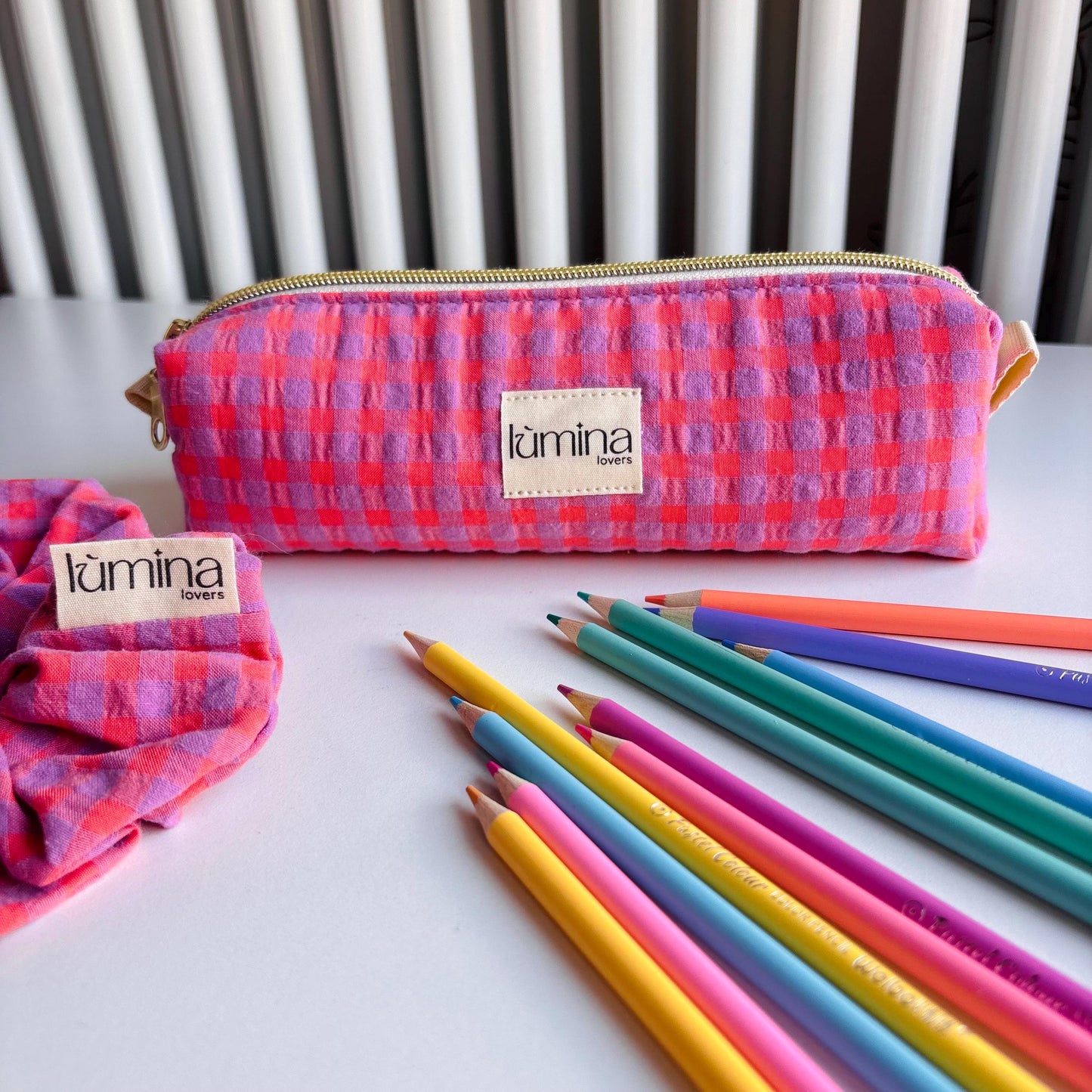 Pencil Case – Purple & Orange Gingham Zipper Pouch