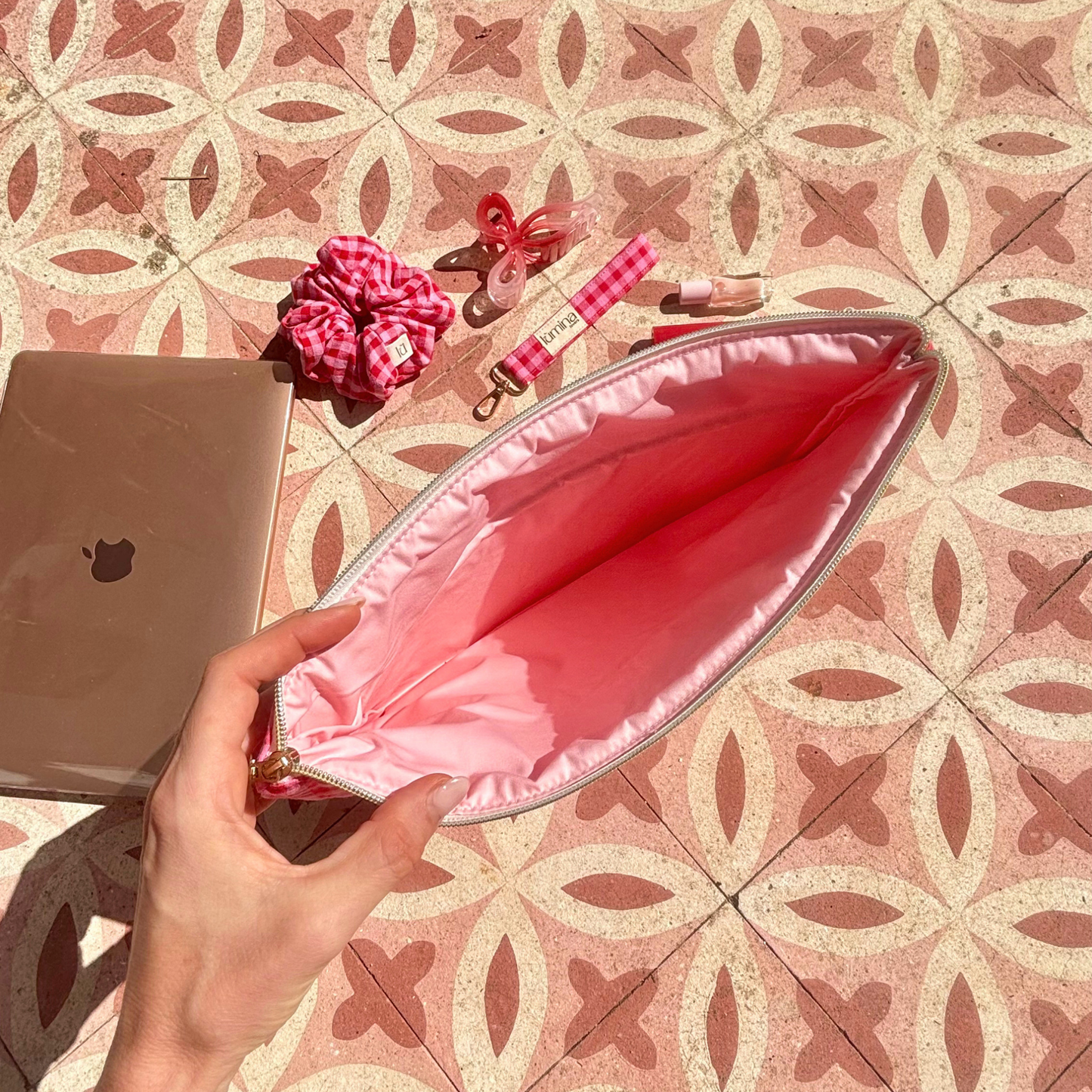 Laptop Sleeve 11"–16” – Pink & red gingham case with front pocket