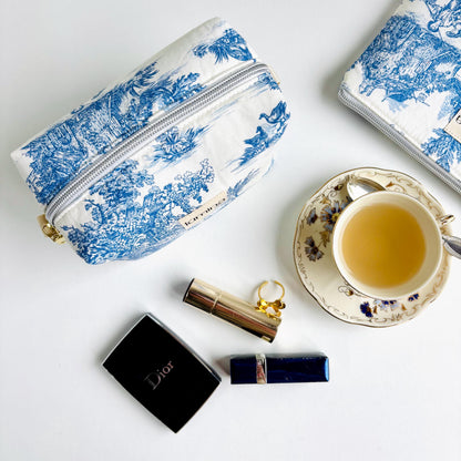 Toile de Jouy Makeup Bag | Blue & White French Cosmetic Pouch