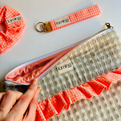 Laptop & Tablet Sleeve 11"–16” – Sage Green with Neon Orange Ruffle