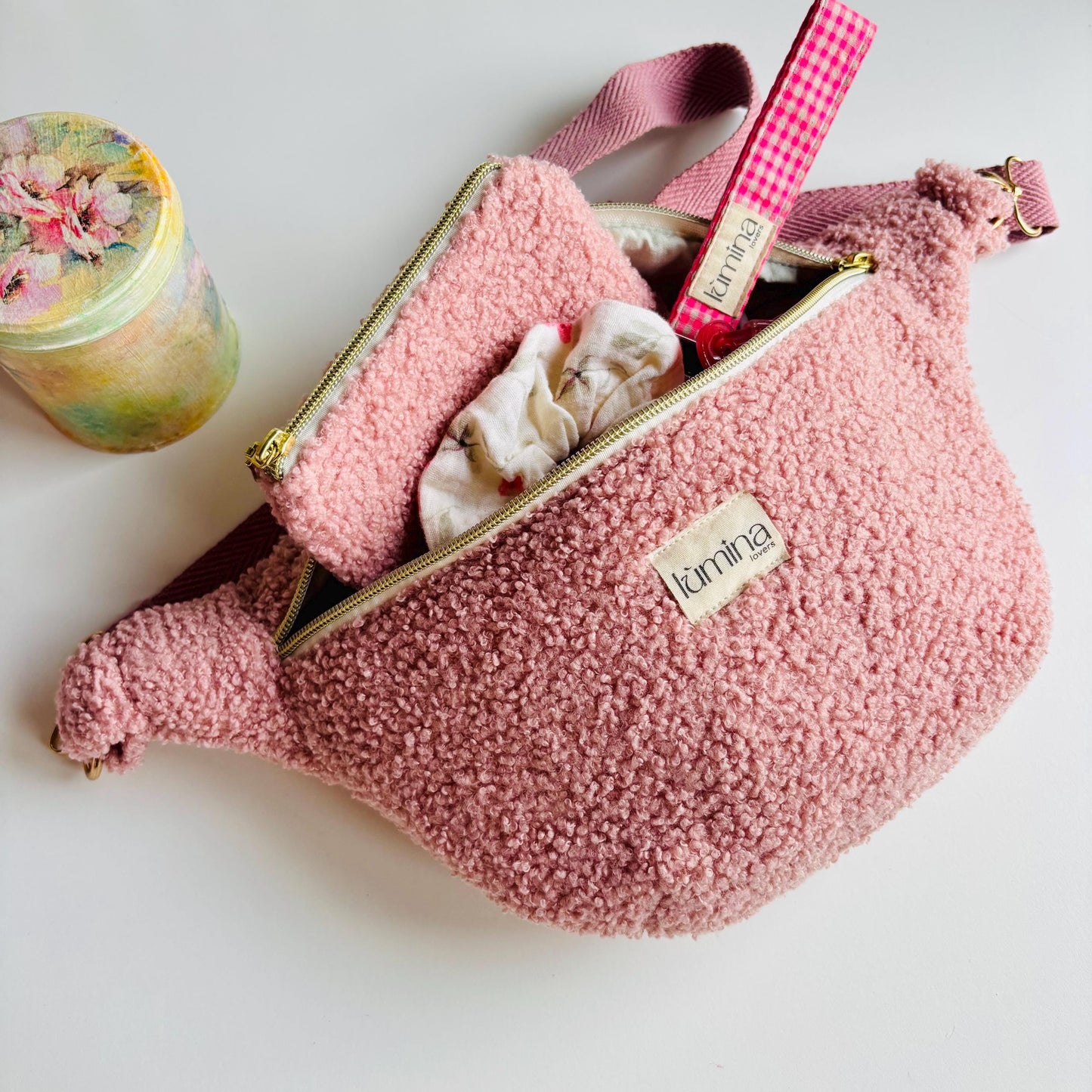 Handmade Fanny Pack –  Pink Fleece Crossbody Bag