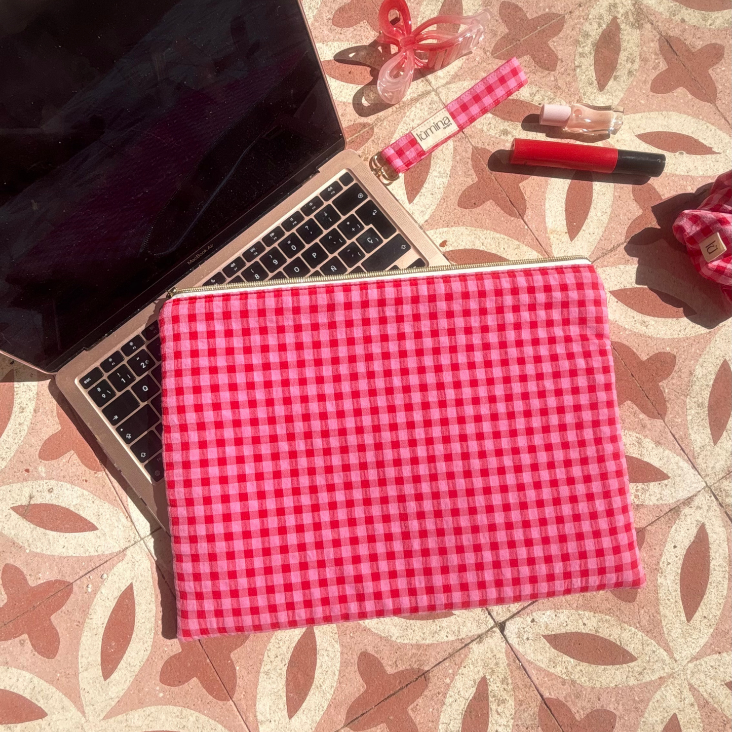 Laptop Sleeve 11"–16” – Pink & red gingham case with front pocket