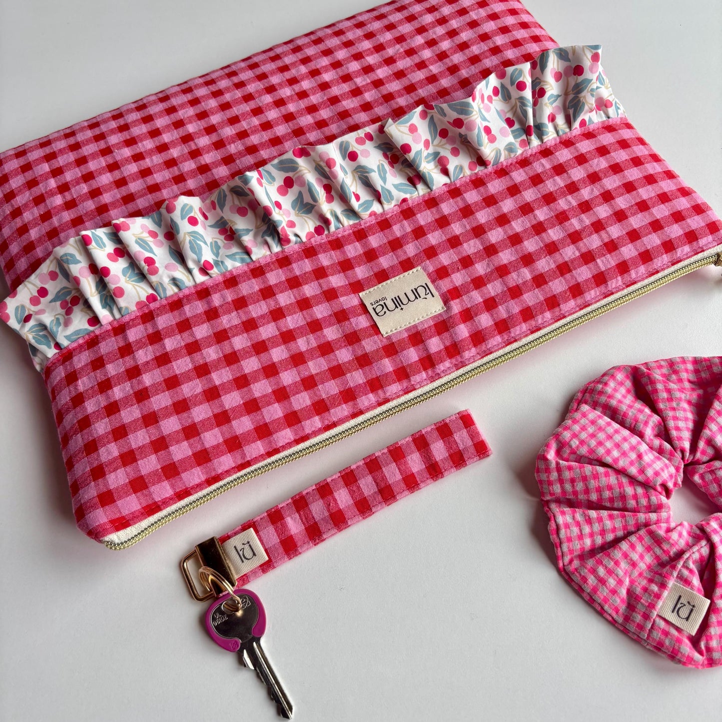 Laptop & Tablet Sleeve 11"–16” – Red and Pink Gingham with Cherry Ruffle