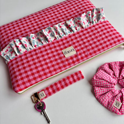 Laptop & Tablet Sleeve 11"–16” – Red and Pink Gingham with Cherry Ruffle