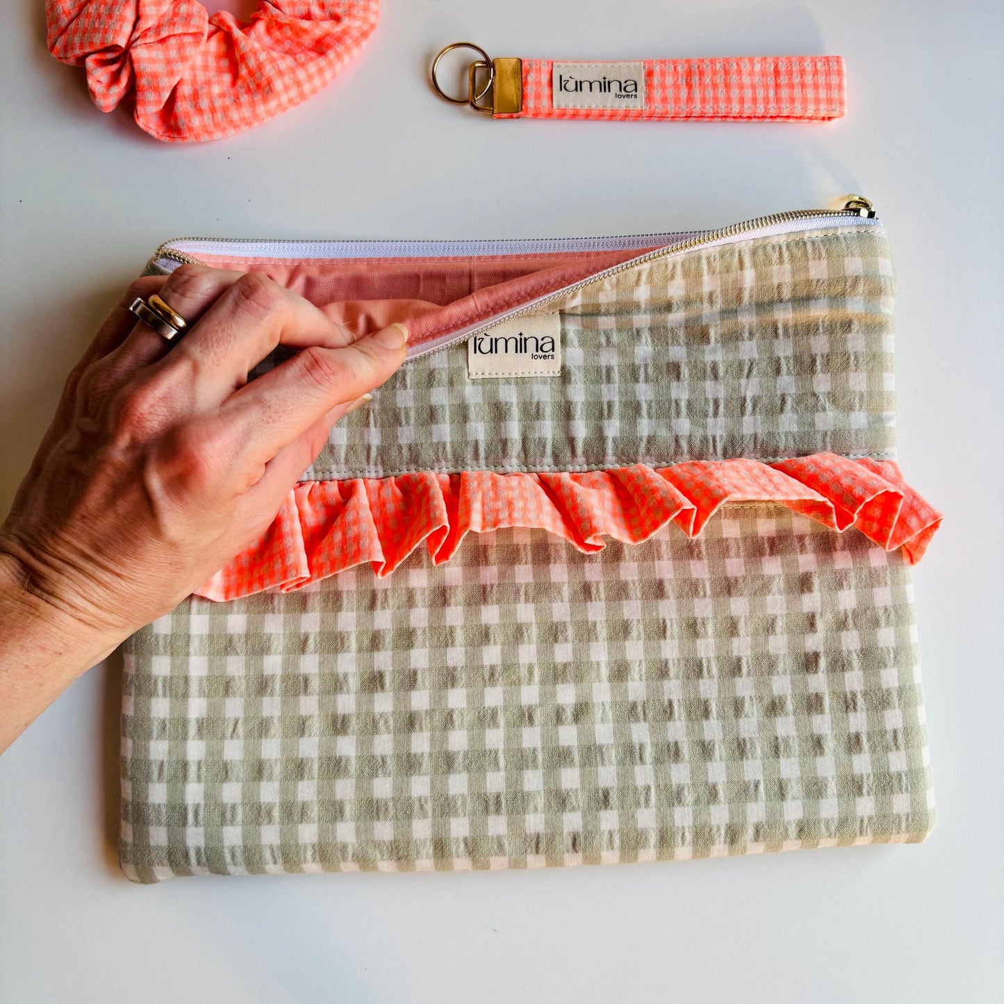 Laptop & Tablet Sleeve 11"–16” – Sage Green with Neon Orange Ruffle