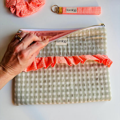 Laptop & Tablet Sleeve 11"–16” – Sage Green with Neon Orange Ruffle