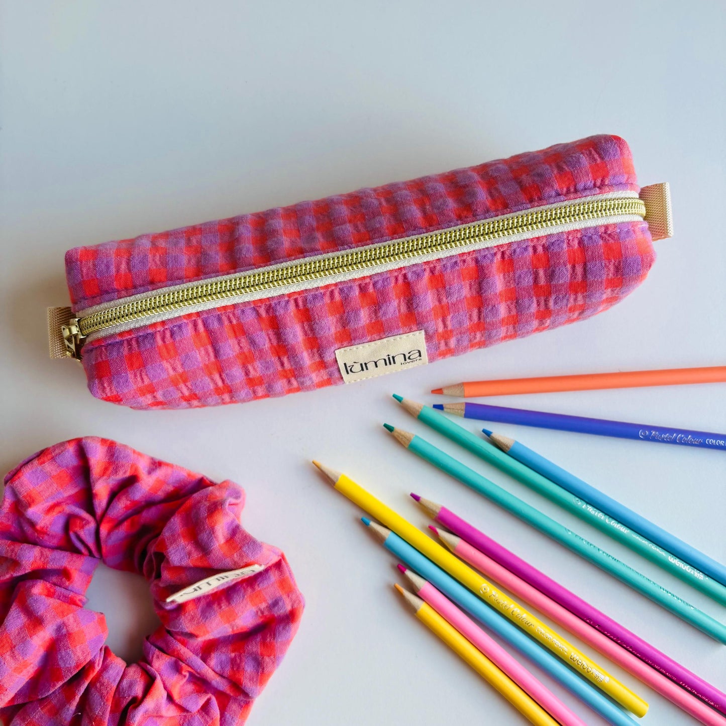 Pencil Case – Purple & Orange Gingham Zipper Pouch