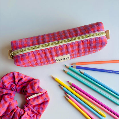 Pencil Case – Purple & Orange Gingham Zipper Pouch