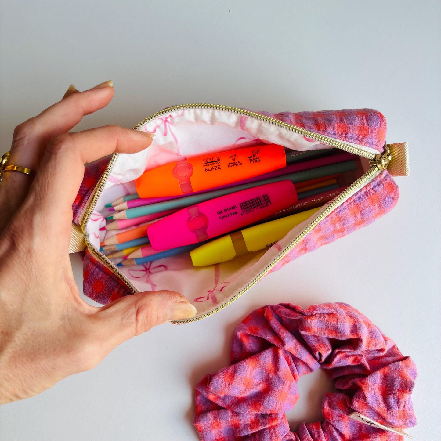 Pencil Case – Purple & Orange Gingham Zipper Pouch
