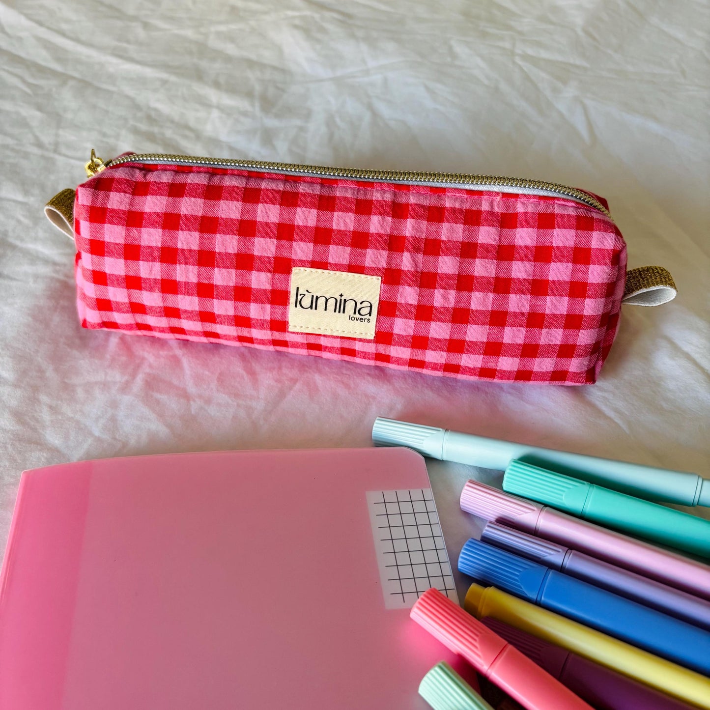 Pencil Case – Red & Pink Gingham Zipper Pouch