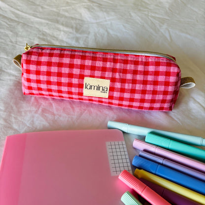 Pencil Case – Red & Pink Gingham Zipper Pouch