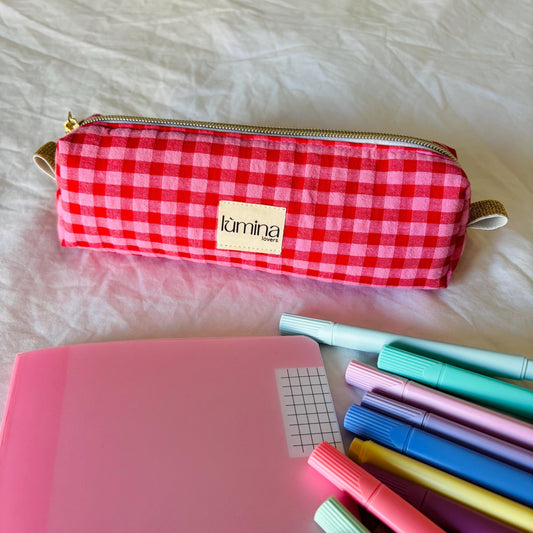 Pencil Case – Red & Pink Gingham Zipper Pouch