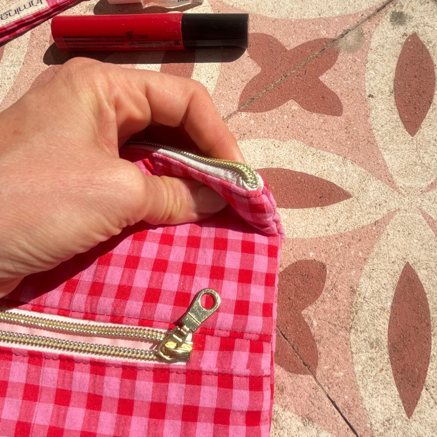 Laptop Sleeve 11"–16” – Pink & red gingham case with front pocket