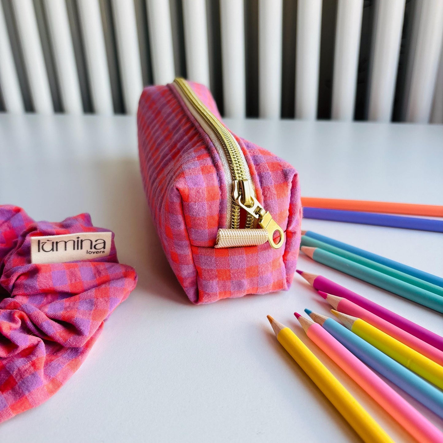 Pencil Case – Purple & Orange Gingham Zipper Pouch