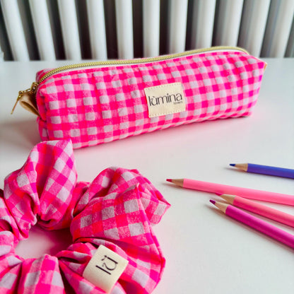 Pencil Case – Neon pink Gingham Makeup Bag & Zipper Pouch