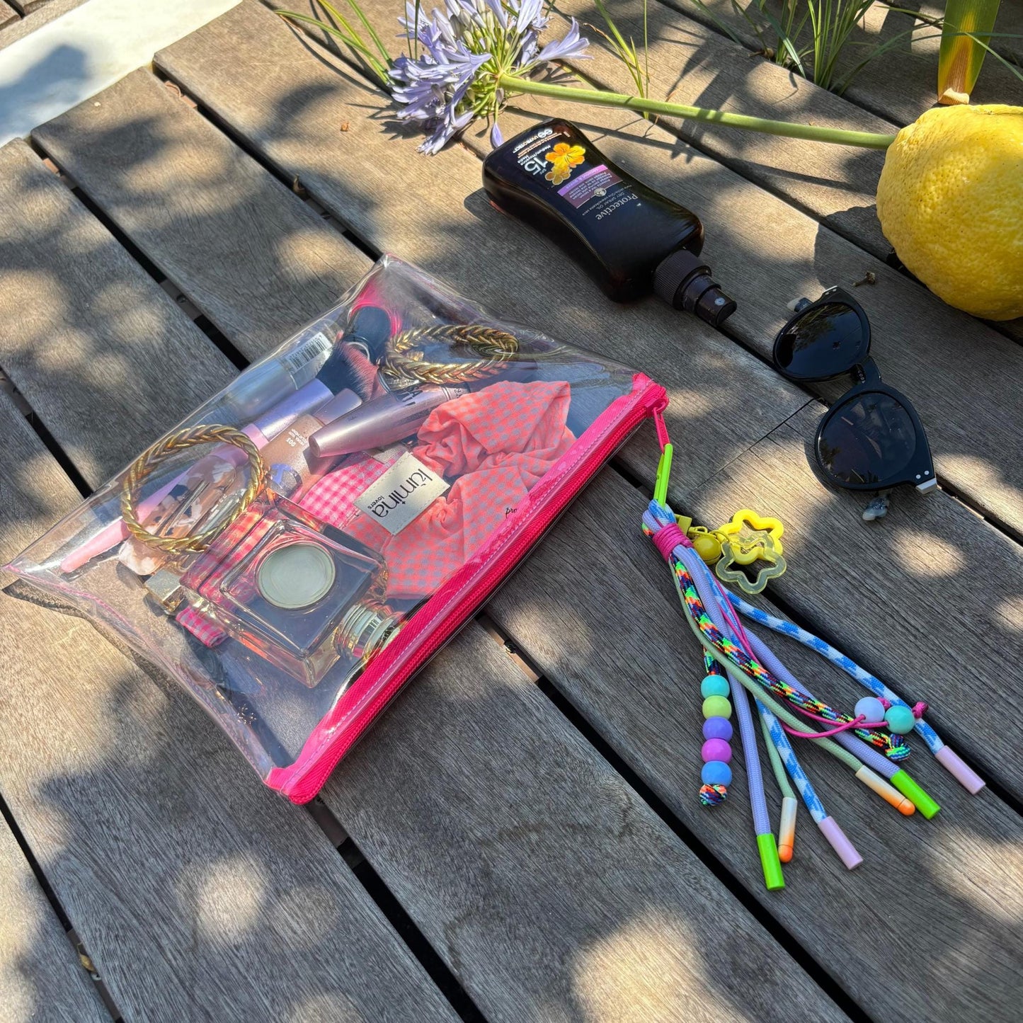 Clear PVC travel pouch | Flat Transparent Makeup Bag with Neon Pink Zipper