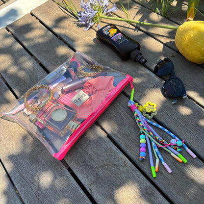 Clear PVC travel pouch | Flat Transparent Makeup Bag with Neon Pink Zipper