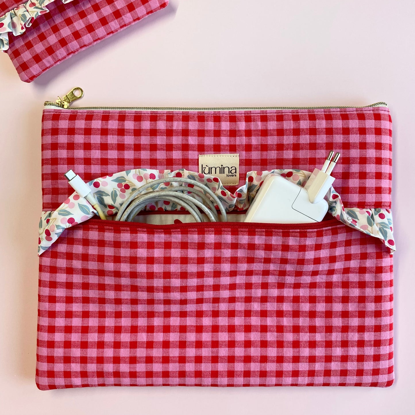 Laptop & Tablet Sleeve 11"–16” – Red and Pink Gingham with Cherry Ruffle