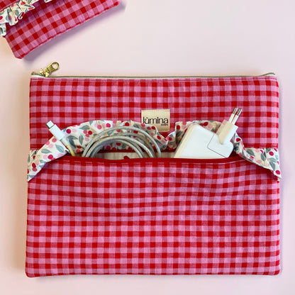 Laptop & Tablet Sleeve 11"–16” – Red and Pink Gingham with Cherry Ruffle
