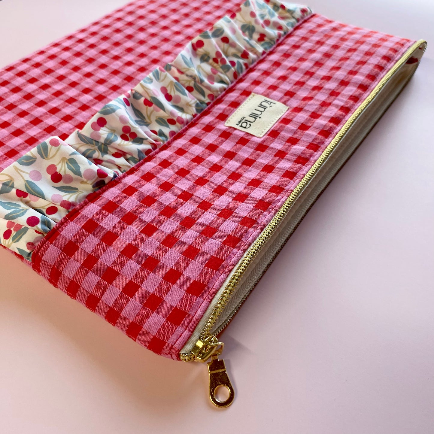 Laptop & Tablet Sleeve 11"–16” – Red and Pink Gingham with Cherry Ruffle