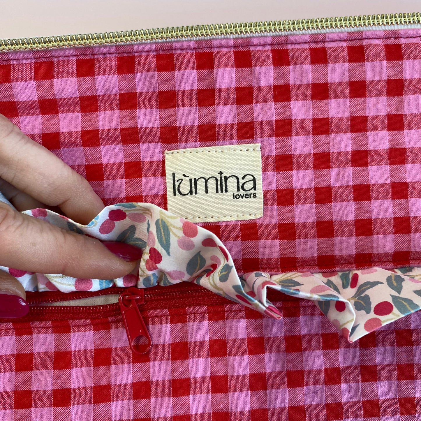 Laptop & Tablet Sleeve 11"–16” – Red and Pink Gingham with Cherry Ruffle