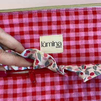 Laptop & Tablet Sleeve 11"–16” – Red and Pink Gingham with Cherry Ruffle