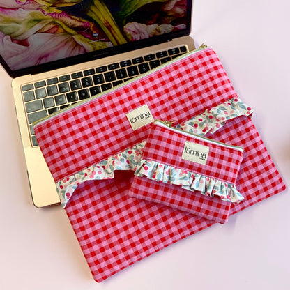 Laptop & Tablet Sleeve 11"–16” – Red and Pink Gingham with Cherry Ruffle
