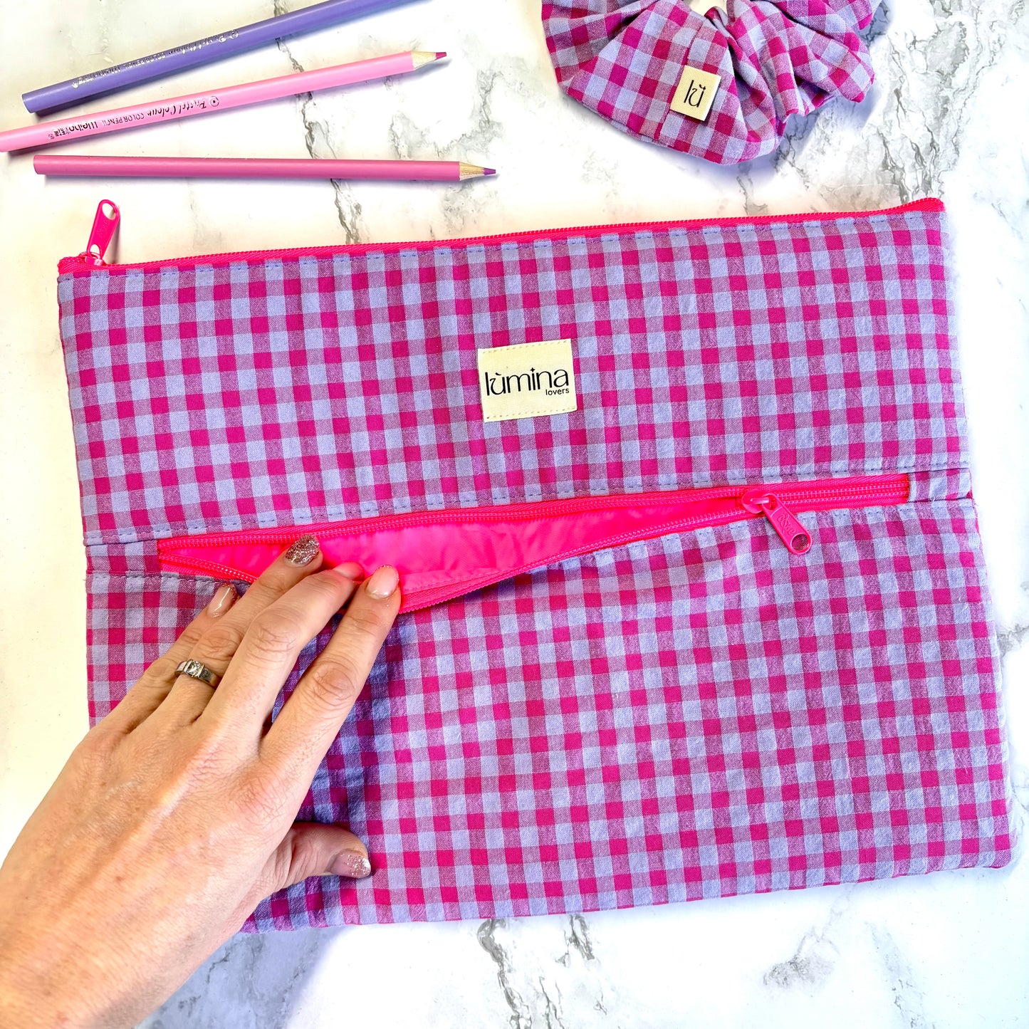 Laptop Sleeve 11"–16” – Purple & Pink gingham case with front pocket