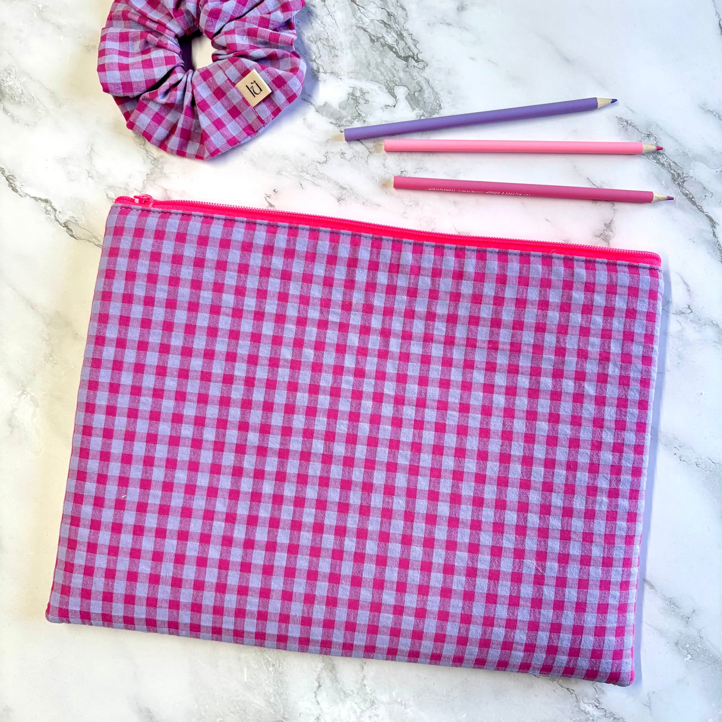 Laptop Sleeve 11"–16” – Purple & Pink gingham case with front pocket