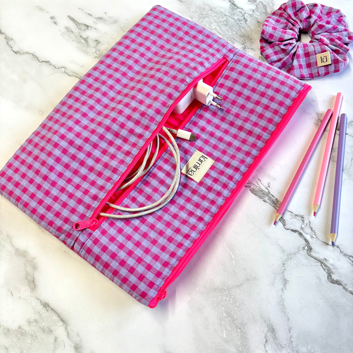 Laptop Sleeve 11"–16” – Purple & Pink gingham case with front pocket