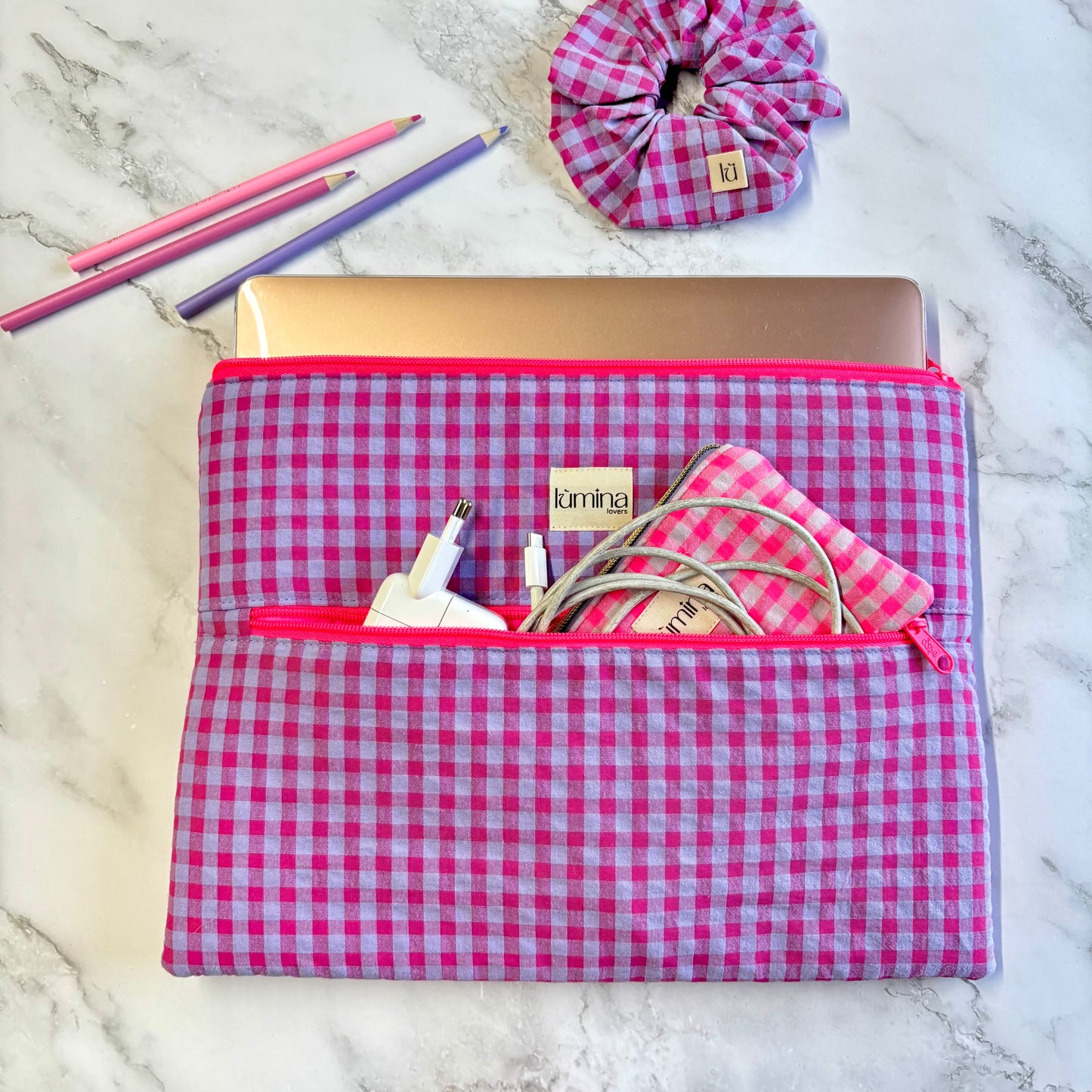 Laptop Sleeve 11"–16” – Purple & Pink gingham case with front pocket